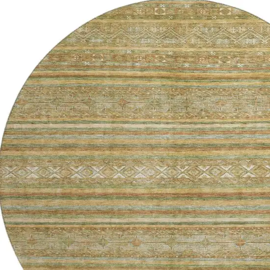 8' Artichoke Green Gold And Gray Striped Washable Round Rug With UV Protection Photo 2