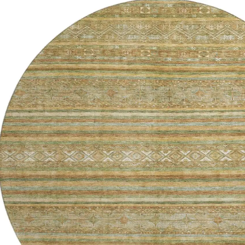 8' Artichoke Green Gold And Gray Striped Washable Round Rug With UV Protection Photo 2