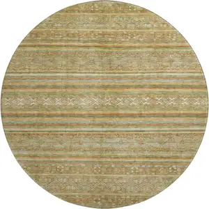 Photo of 8' Artichoke Green Gold And Gray Striped Washable Round Rug With UV Protection