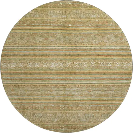 8' Artichoke Green Gold And Gray Striped Washable Round Rug With UV Protection Photo 1