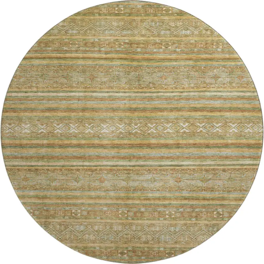 8' Artichoke Green Gold And Gray Striped Washable Round Rug With UV Protection Photo 1