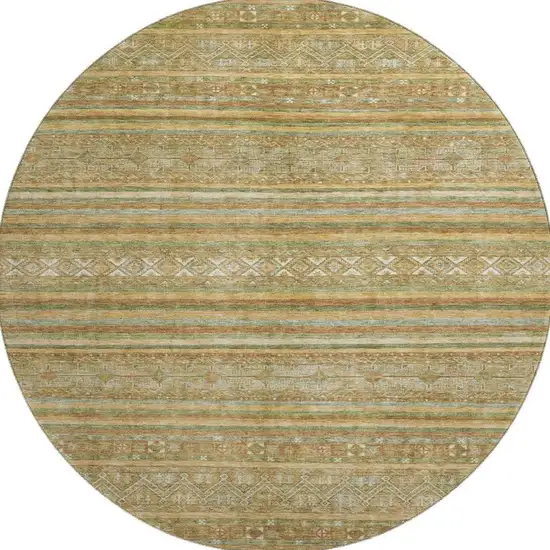 8' Artichoke Green Gold And Gray Striped Washable Round Rug With UV Protection Photo 3