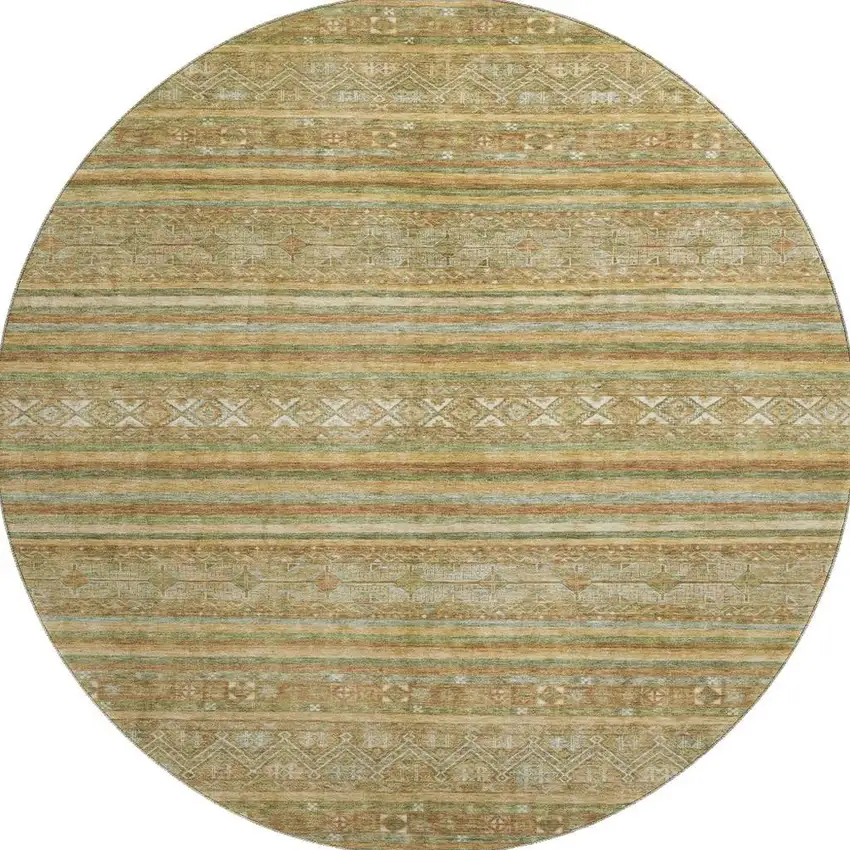 8' Artichoke Green Gold And Gray Striped Washable Round Rug With UV Protection Photo 3