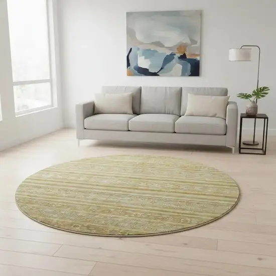 8' Artichoke Green Gold And Gray Striped Washable Round Rug With UV Protection Photo 2