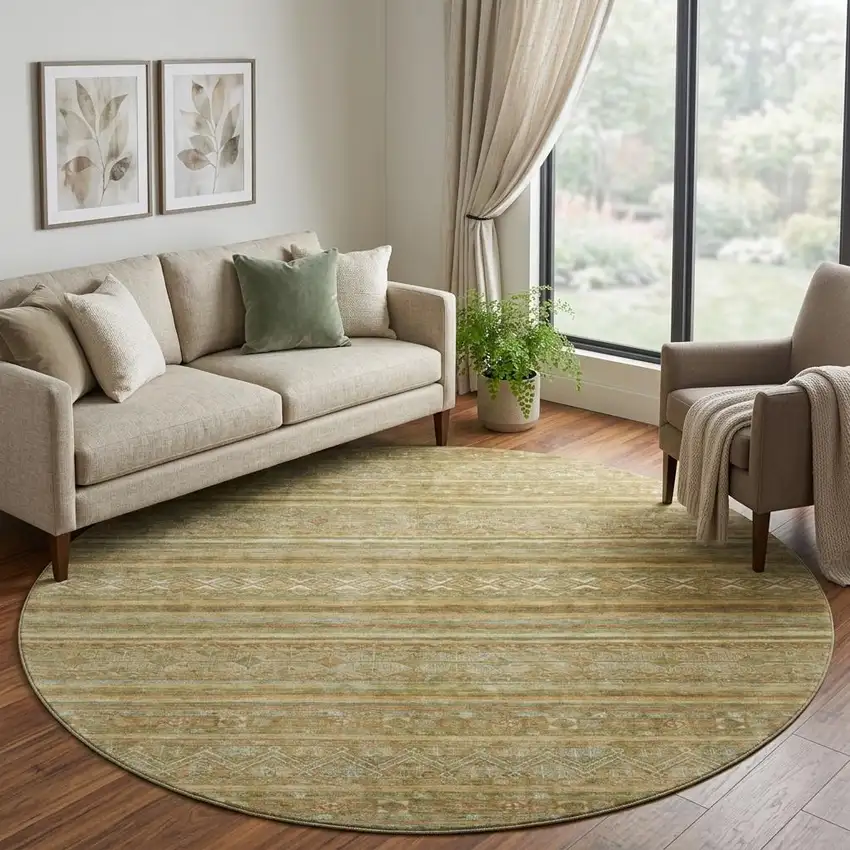 8' Artichoke Green Gold And Gray Striped Washable Round Rug With UV Protection Photo 1