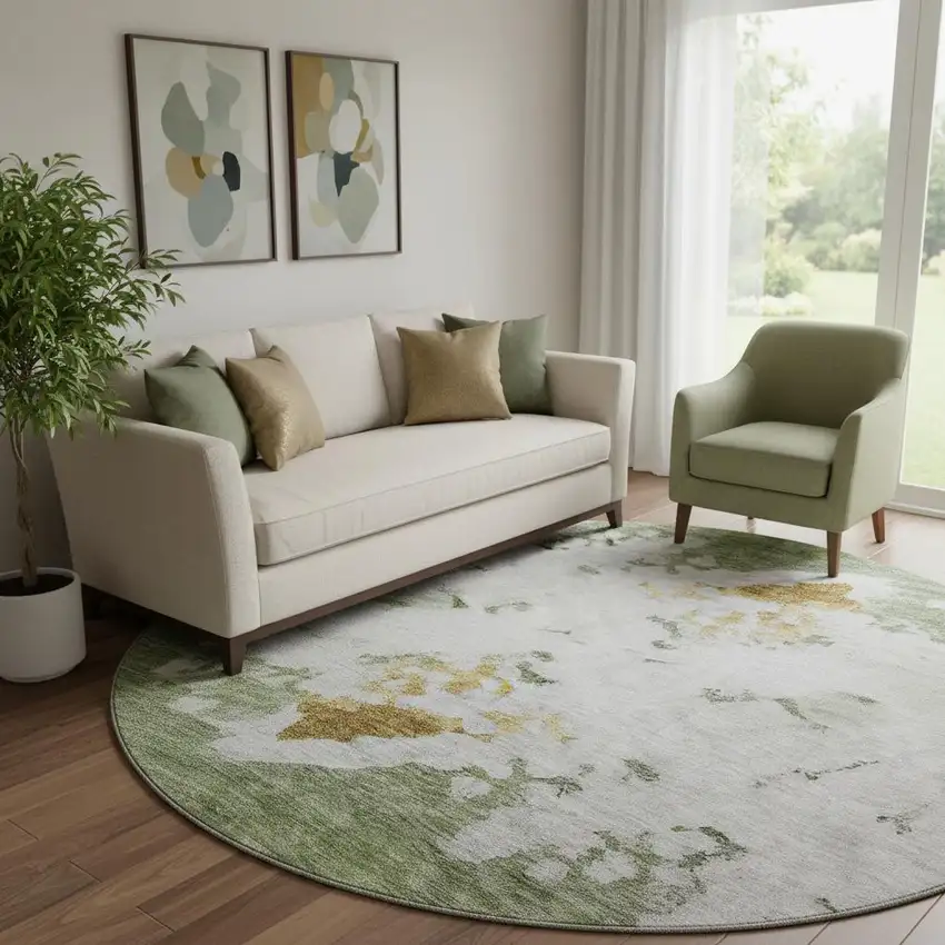 8' Artichoke Green Gold And Ivory Abstract Washable Round Rug With UV Protection Photo 1