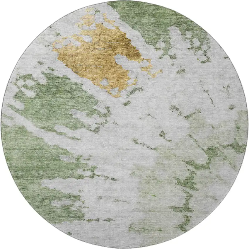 8' Artichoke Green Gold And Ivory Abstract Washable Round Rug With UV Protection Photo 4
