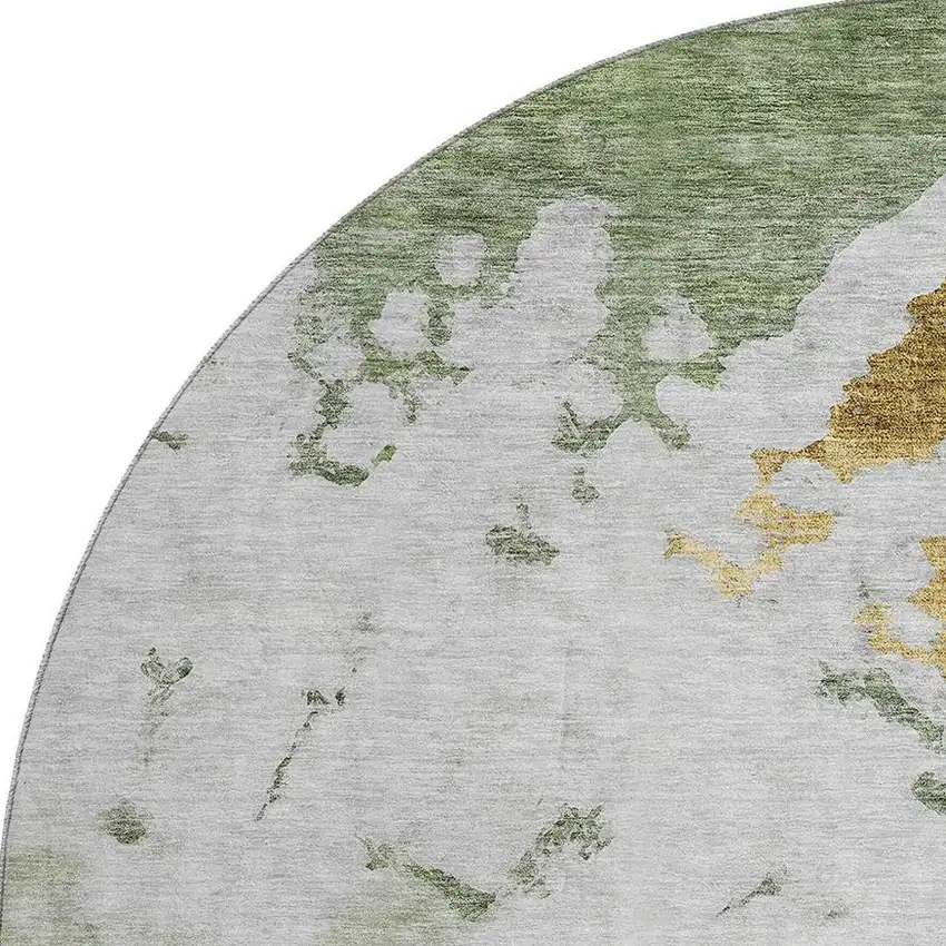 8' Artichoke Green Gold And Ivory Abstract Washable Round Rug With UV Protection Photo 3