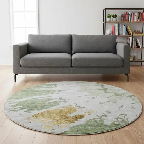 8' Artichoke Green Gold And Ivory Abstract Washable Round Rug With UV Protection Photo 2