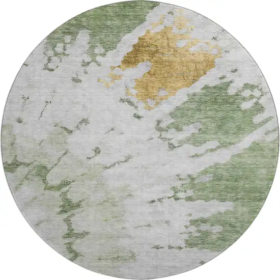 8' Artichoke Green Gold And Ivory Abstract Washable Round Rug With UV Protection Photo 1