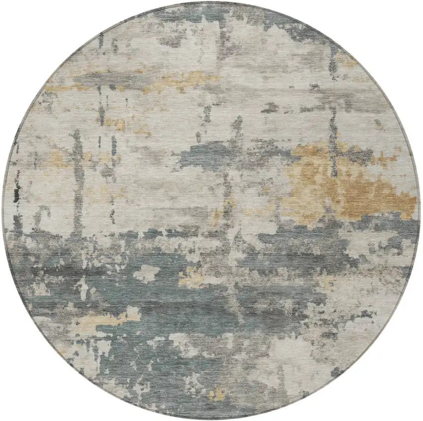 8' Artichoke Green Gold And Ivory Round Abstract Washable Indoor Outdoor Area Rug Photo 3