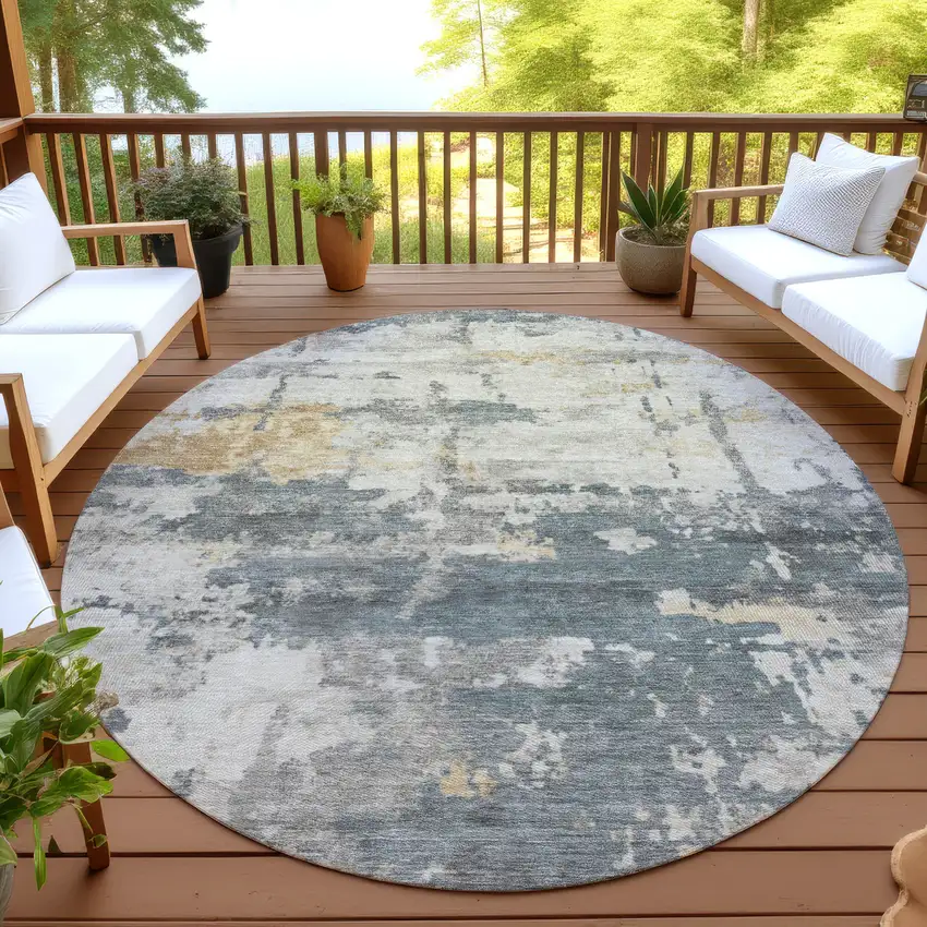 8' Artichoke Green Gold And Ivory Round Abstract Washable Indoor Outdoor Area Rug Photo 4