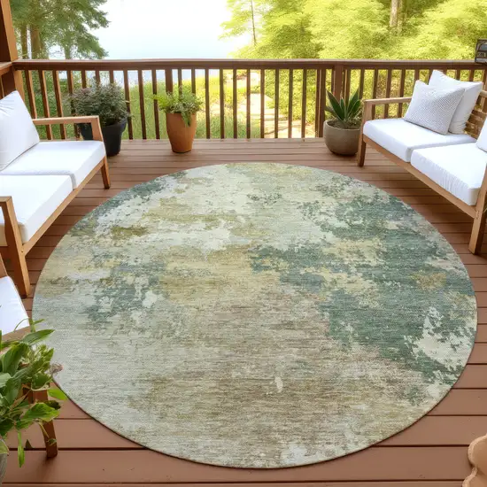 8' Artichoke Green Gold And Ivory Round Abstract Washable Indoor Outdoor Area Rug Photo 3
