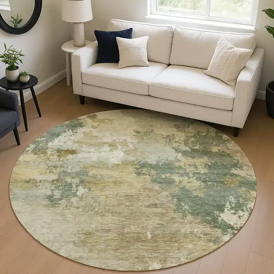 8' Artichoke Green Gold And Ivory Round Abstract Washable Indoor Outdoor Area Rug Photo 4