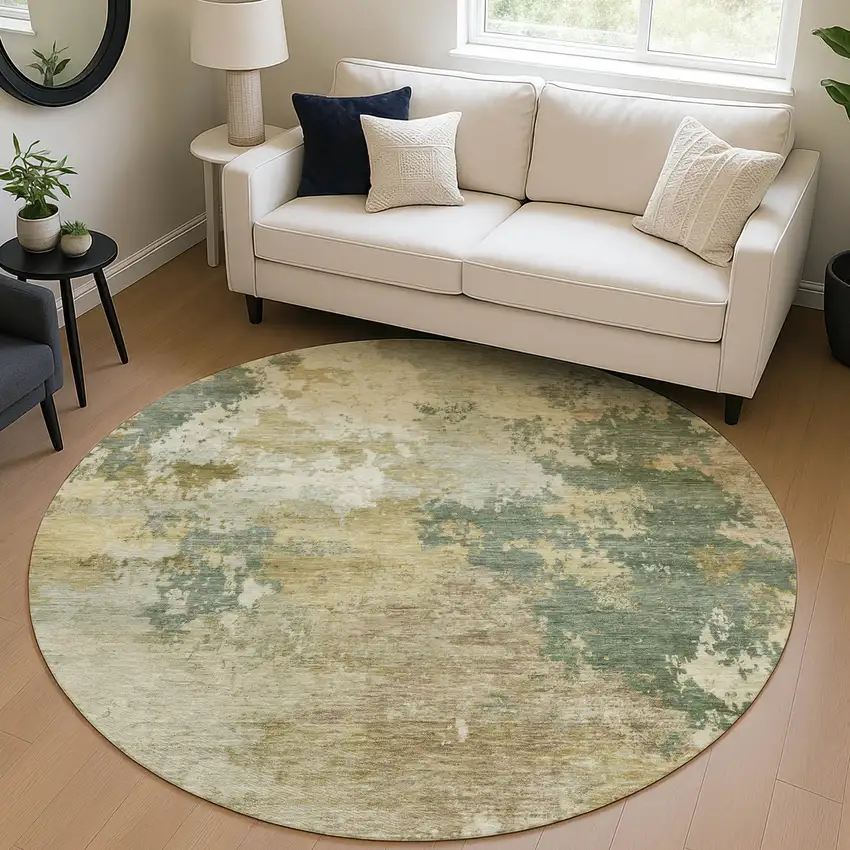 8' Artichoke Green Gold And Ivory Round Abstract Washable Indoor Outdoor Area Rug Photo 4