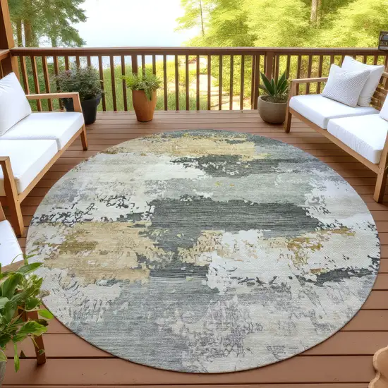 8' Artichoke Green Gold And Ivory Round Abstract Washable Indoor Outdoor Area Rug Photo 4