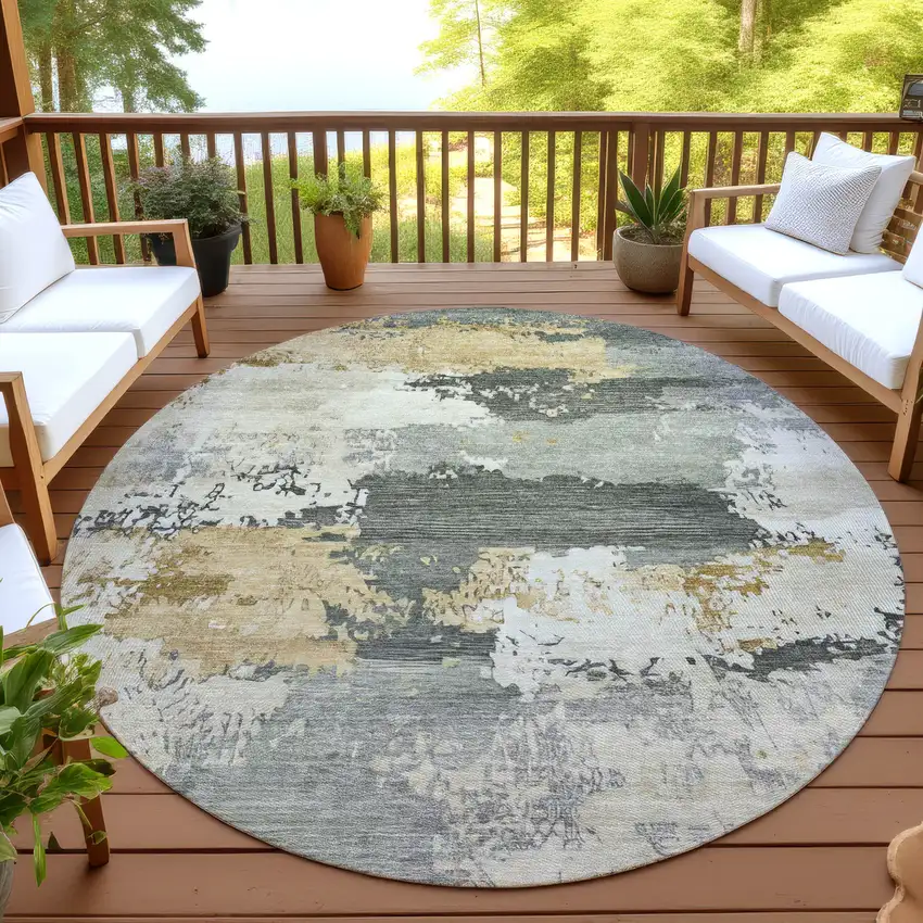 8' Artichoke Green Gold And Ivory Round Abstract Washable Indoor Outdoor Area Rug Photo 4
