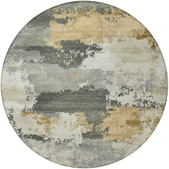 8' Artichoke Green Gold And Ivory Round Abstract Washable Indoor Outdoor Area Rug Photo 3