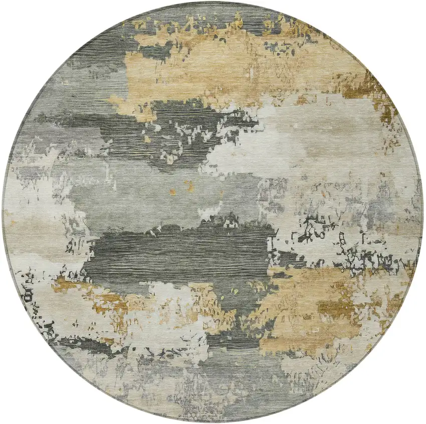 8' Artichoke Green Gold And Ivory Round Abstract Washable Indoor Outdoor Area Rug Photo 3