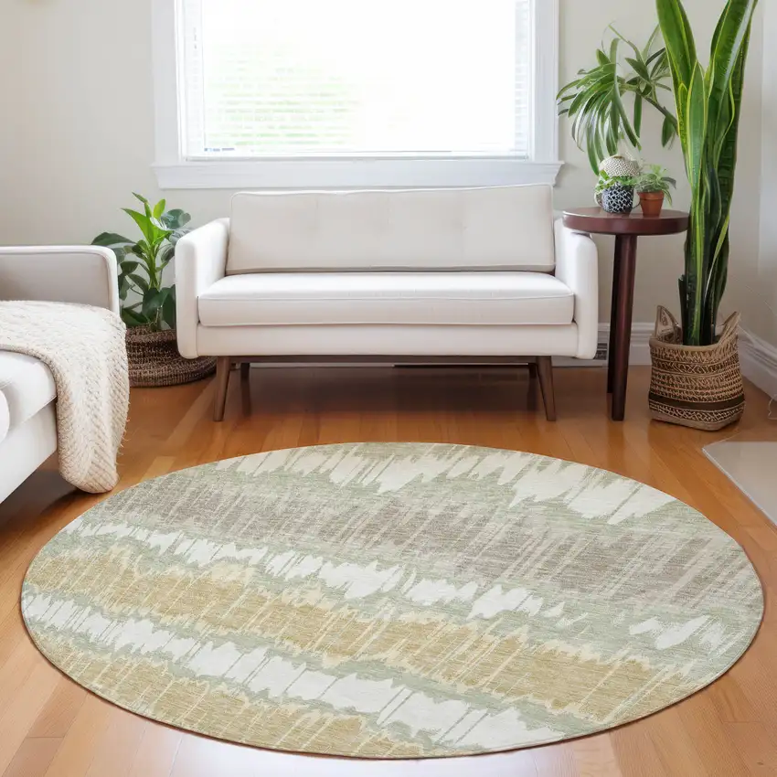 8' Artichoke Green Gold And Ivory Striped Washable Round Rug With UV Protection Photo 5