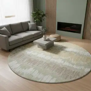 Photo of 8' Artichoke Green Gold And Ivory Striped Washable Round Rug With UV Protection