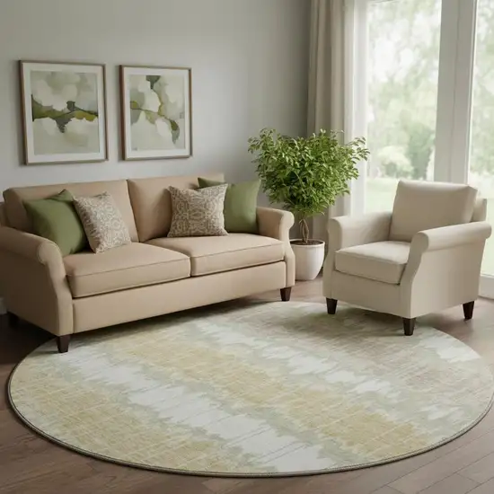 8' Artichoke Green Gold And Ivory Striped Washable Round Rug With UV Protection Photo 1