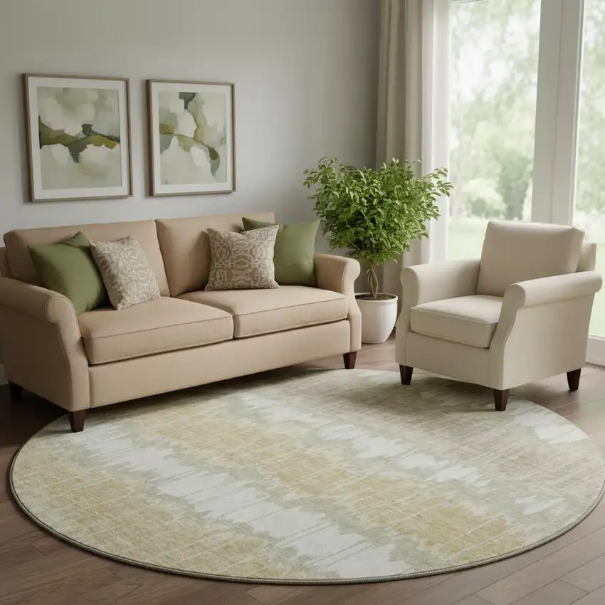 8' Artichoke Green Gold And Ivory Striped Washable Round Rug With UV Protection Photo 1