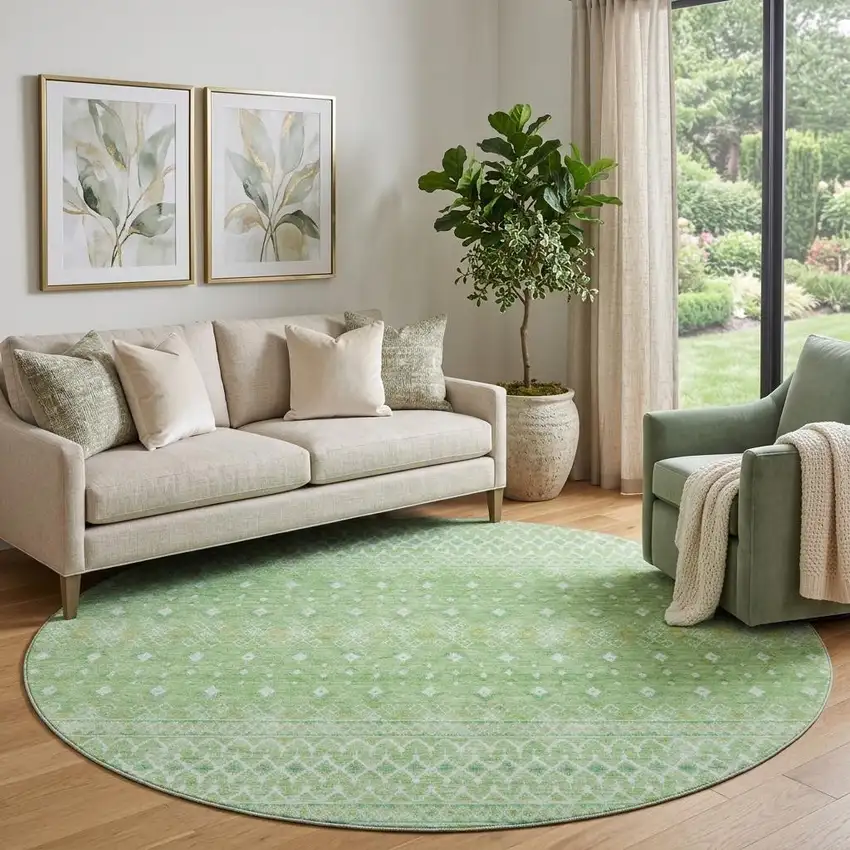 8' Artichoke Green Gold And Ivory Tribal Washable Round Rug With UV Protection Photo 1