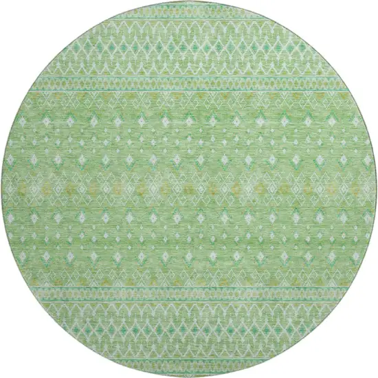 8' Artichoke Green Gold And Ivory Tribal Washable Round Rug With UV Protection Photo 1