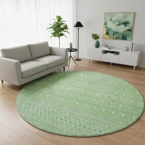 8' Artichoke Green Gold And Ivory Tribal Washable Round Rug With UV Protection Photo 2