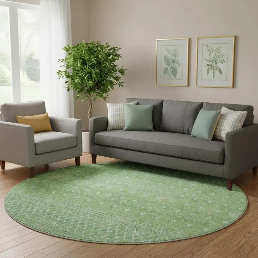 8' Artichoke Green Gold And Ivory Tribal Washable Round Rug With UV Protection Photo 1