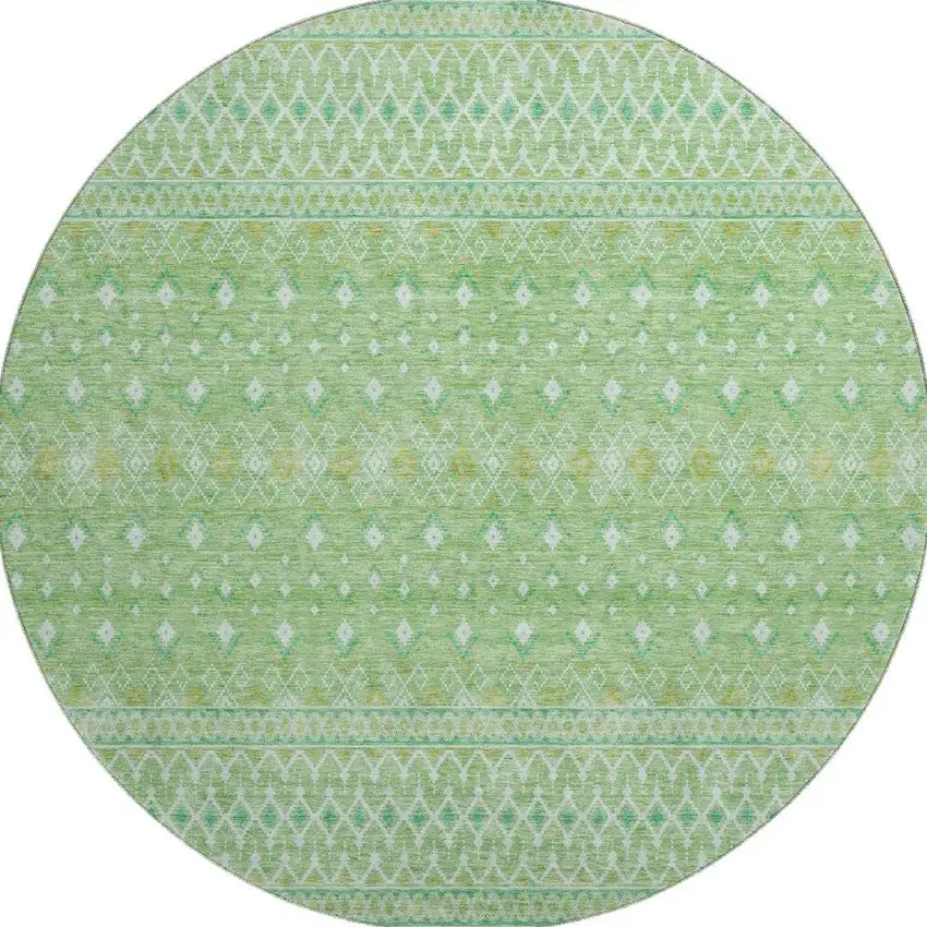 8' Artichoke Green Gold And Ivory Tribal Washable Round Rug With UV Protection Photo 3
