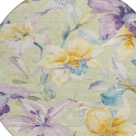8' Artichoke Green Gold And Lavender Round Floral Washable Indoor Outdoor Area Rug Photo 7