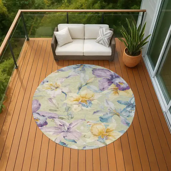 8' Artichoke Green Gold And Lavender Round Floral Washable Indoor Outdoor Area Rug Photo 8