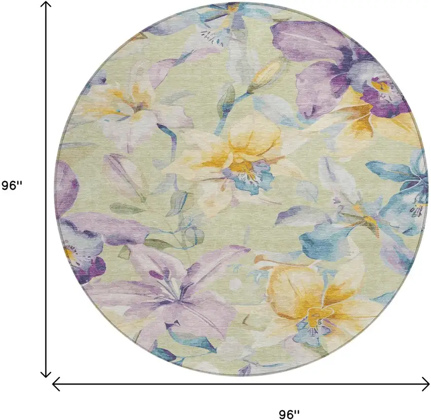 8' Artichoke Green Gold And Lavender Round Floral Washable Indoor Outdoor Area Rug Photo 3