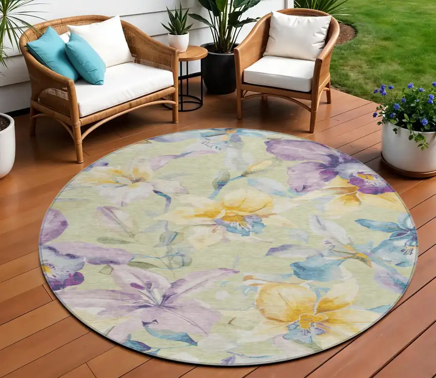 8' Artichoke Green Gold And Lavender Round Floral Washable Indoor Outdoor Area Rug Photo 1