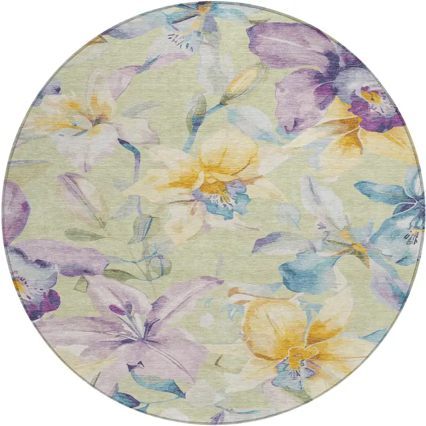 8' Artichoke Green Gold And Lavender Round Floral Washable Indoor Outdoor Area Rug Photo 2