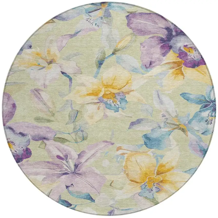 8' Artichoke Green Gold And Lavender Round Floral Washable Indoor Outdoor Area Rug Photo 4