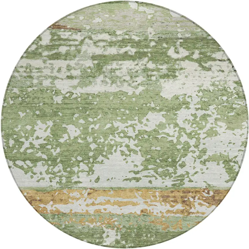 8' Artichoke Green Gold And Pewter Round Striped Washable Indoor Outdoor Area Rug Photo 1
