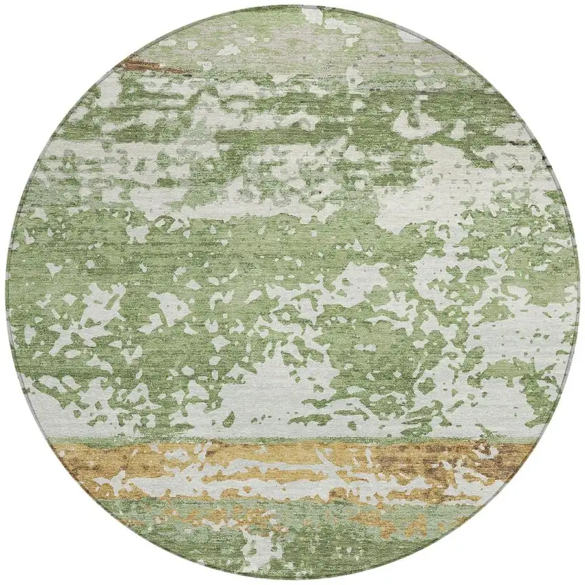 8' Artichoke Green Gold And Pewter Round Striped Washable Indoor Outdoor Area Rug Photo 2
