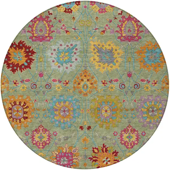 8' Artichoke Green Gold And Pink Round Damask Washable Indoor Outdoor Area Rug Photo 5