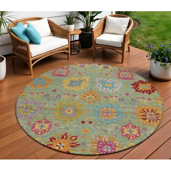 8' Artichoke Green Gold And Pink Round Damask Washable Indoor Outdoor Area Rug Photo 1