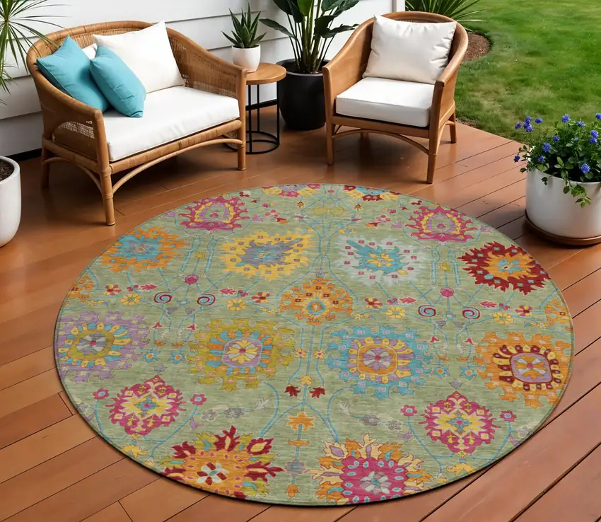 8' Artichoke Green Gold And Pink Round Damask Washable Indoor Outdoor Area Rug Photo 1