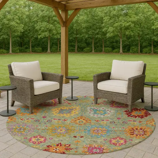 8' Artichoke Green Gold And Pink Round Damask Washable Indoor Outdoor Area Rug Photo 9