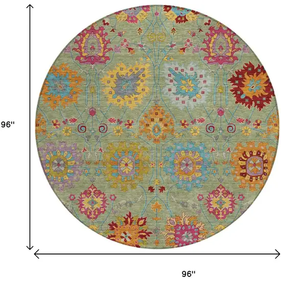 8' Artichoke Green Gold And Pink Round Damask Washable Indoor Outdoor Area Rug Photo 3