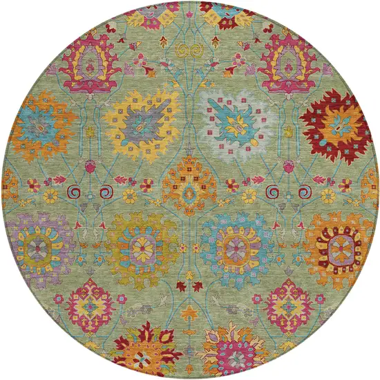 8' Artichoke Green Gold And Pink Round Damask Washable Indoor Outdoor Area Rug Photo 2