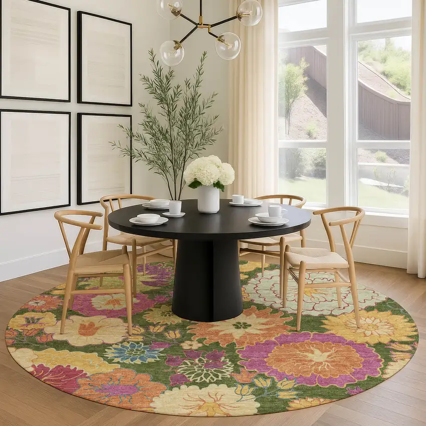 8' Artichoke Green Gold And Pink Round Floral Washable Indoor Outdoor Area Rug Photo 9