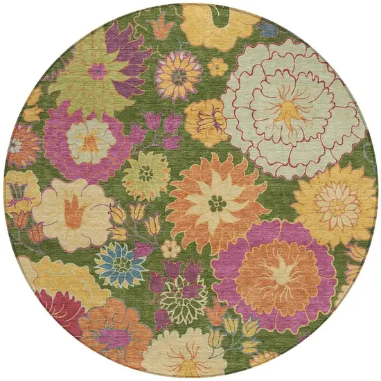 8' Artichoke Green Gold And Pink Round Floral Washable Indoor Outdoor Area Rug Photo 4