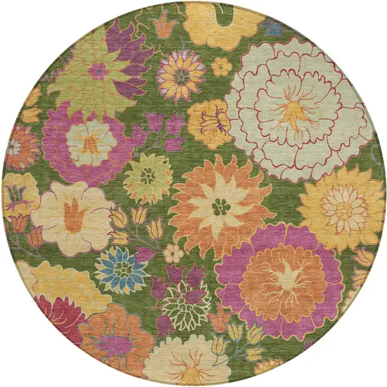 8' Artichoke Green Gold And Pink Round Floral Washable Indoor Outdoor Area Rug Photo 2