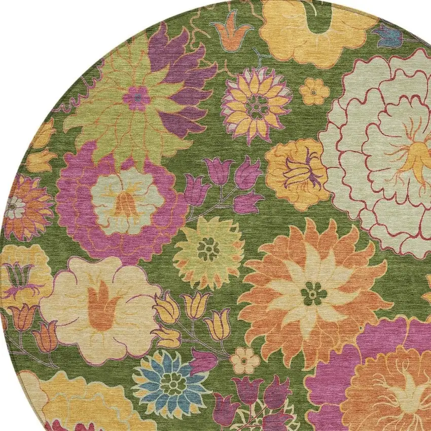 8' Artichoke Green Gold And Pink Round Floral Washable Indoor Outdoor Area Rug Photo 7